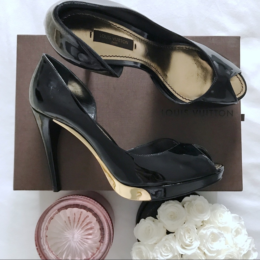 Louis Vuitton Black & Gold Peep Toe Heel Sz 37.5